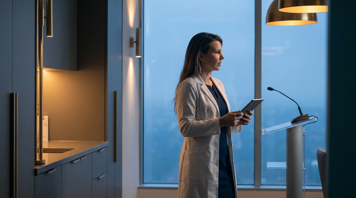A sophisticated modern primary care consultation room with a health journal and stethoscope