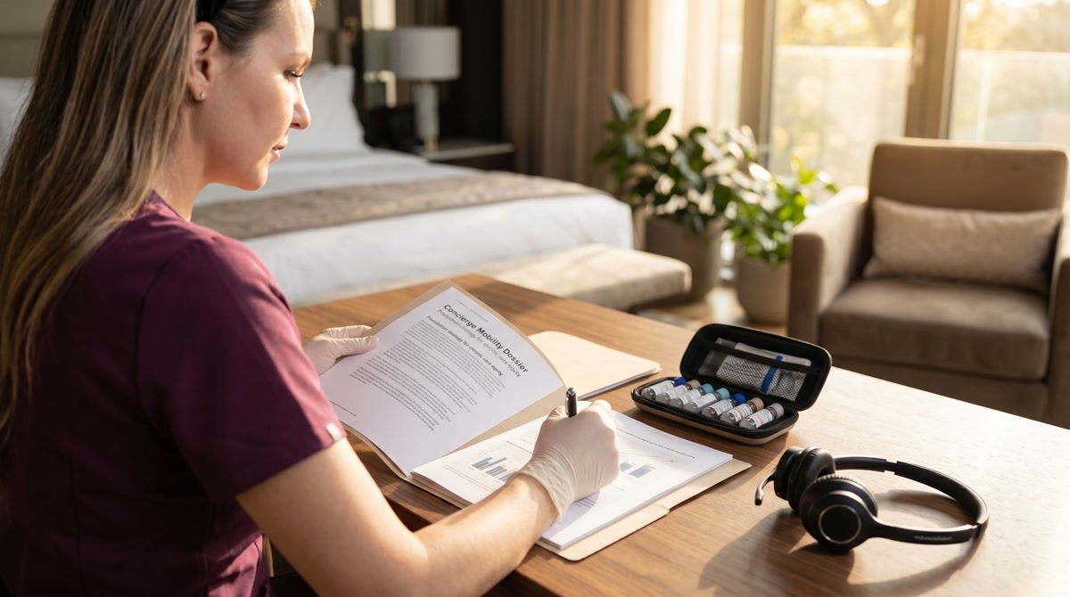 Professional pharmacist reviewing a medication synchronization schedule in a modern clinical setting